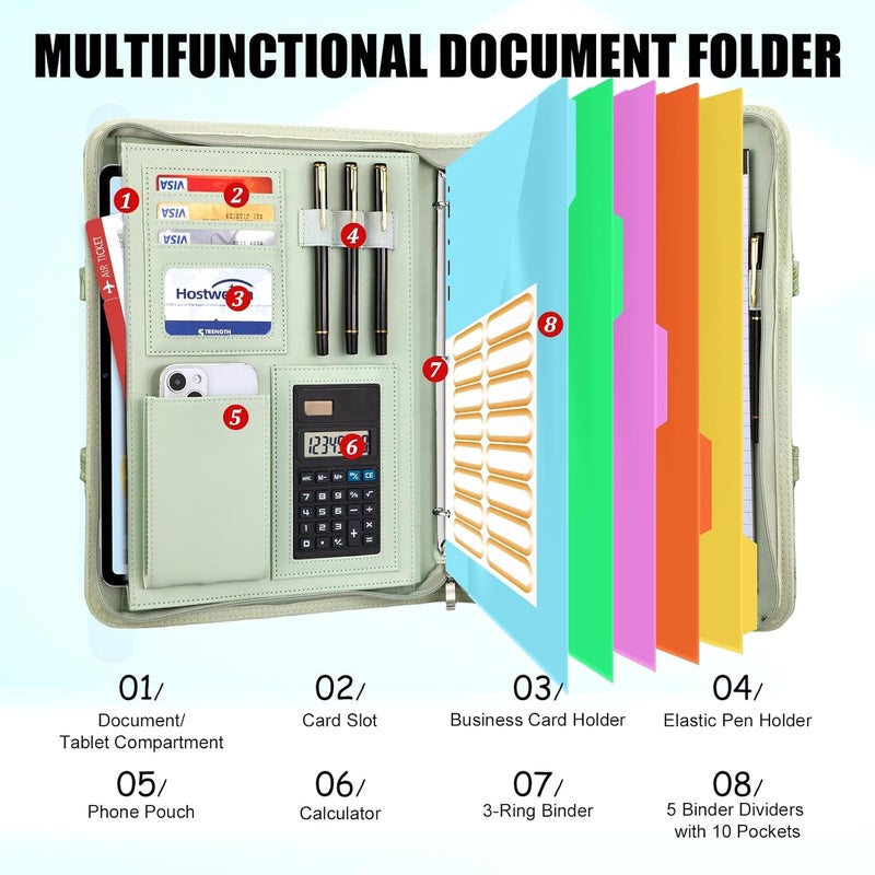 NATISERAUM Portfolio Binder - 3 Ring Binder with Handle, Vegan Leather Business Padfolio Folder with Notepad, Includes 5 Dividers with 10 Pockets for Documents Files - Image 2